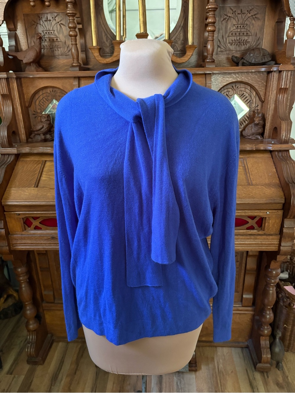Retro 90s Blue Tie-Neck Sweater